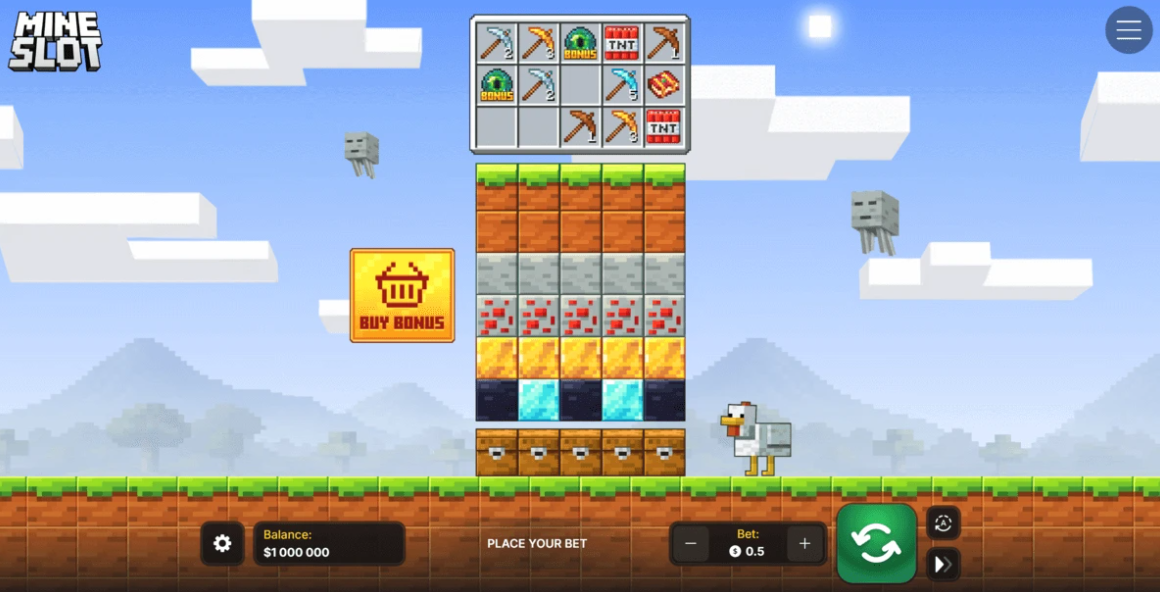 Геймплей Mine Slot: пиксельная шахта, блоки и символы